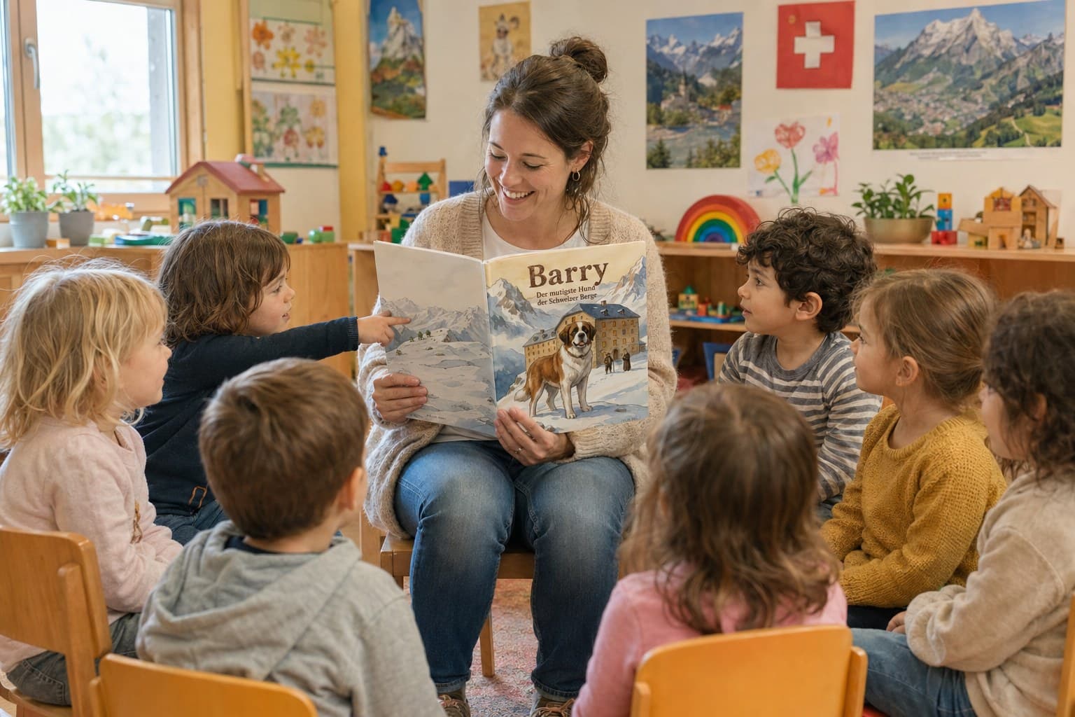 Kindergärtnerin liest Kindern aus dem Barry-Buch vor